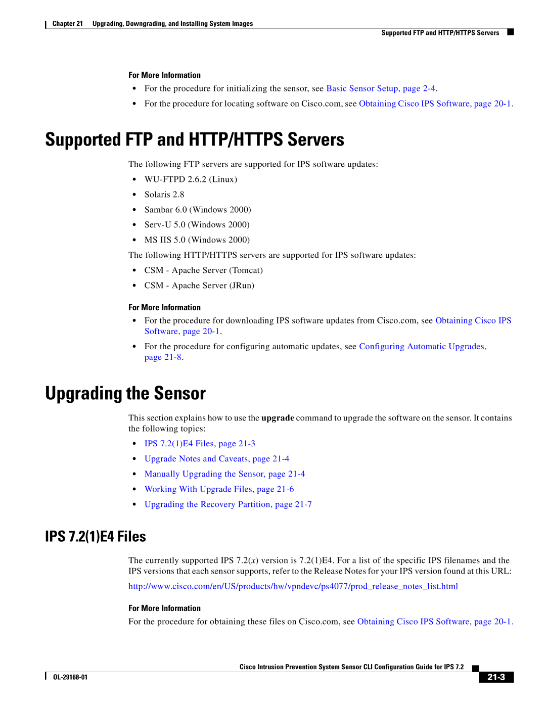 Cisco Systems IPS4510K9 manual Supported FTP and HTTP/HTTPS Servers, Upgrading the Sensor, IPS 7.21E4 Files, 21-3 