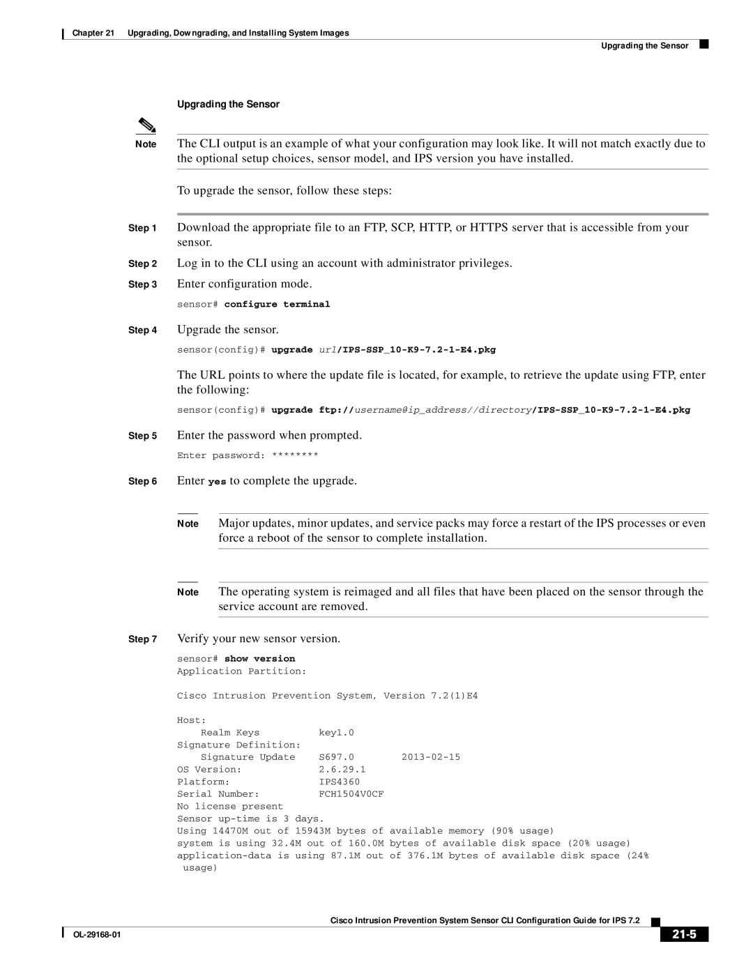 Cisco Systems IPS4510K9 manual Upgrading the Sensor, Upgrade the sensor, Enter the password when prompted, 21-5 