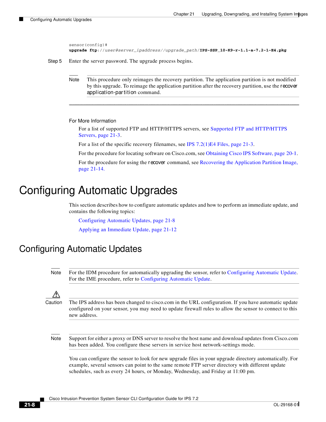 Cisco Systems IPS4510K9 manual Configuring Automatic Upgrades, Configuring Automatic Updates, 21-8 