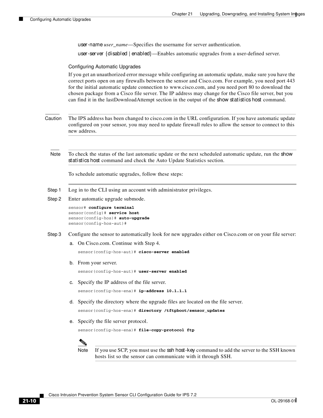 Cisco Systems IPS4510K9 manual Configuring Automatic Upgrades, 21-10 