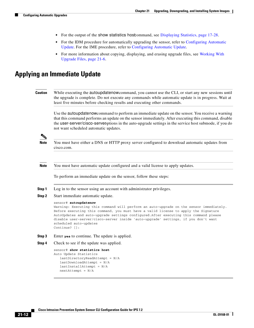 Cisco Systems IPS4510K9 manual Applying an Immediate Update, 21-12, Sensor# autoupdatenow, Sensor# show statistics host 