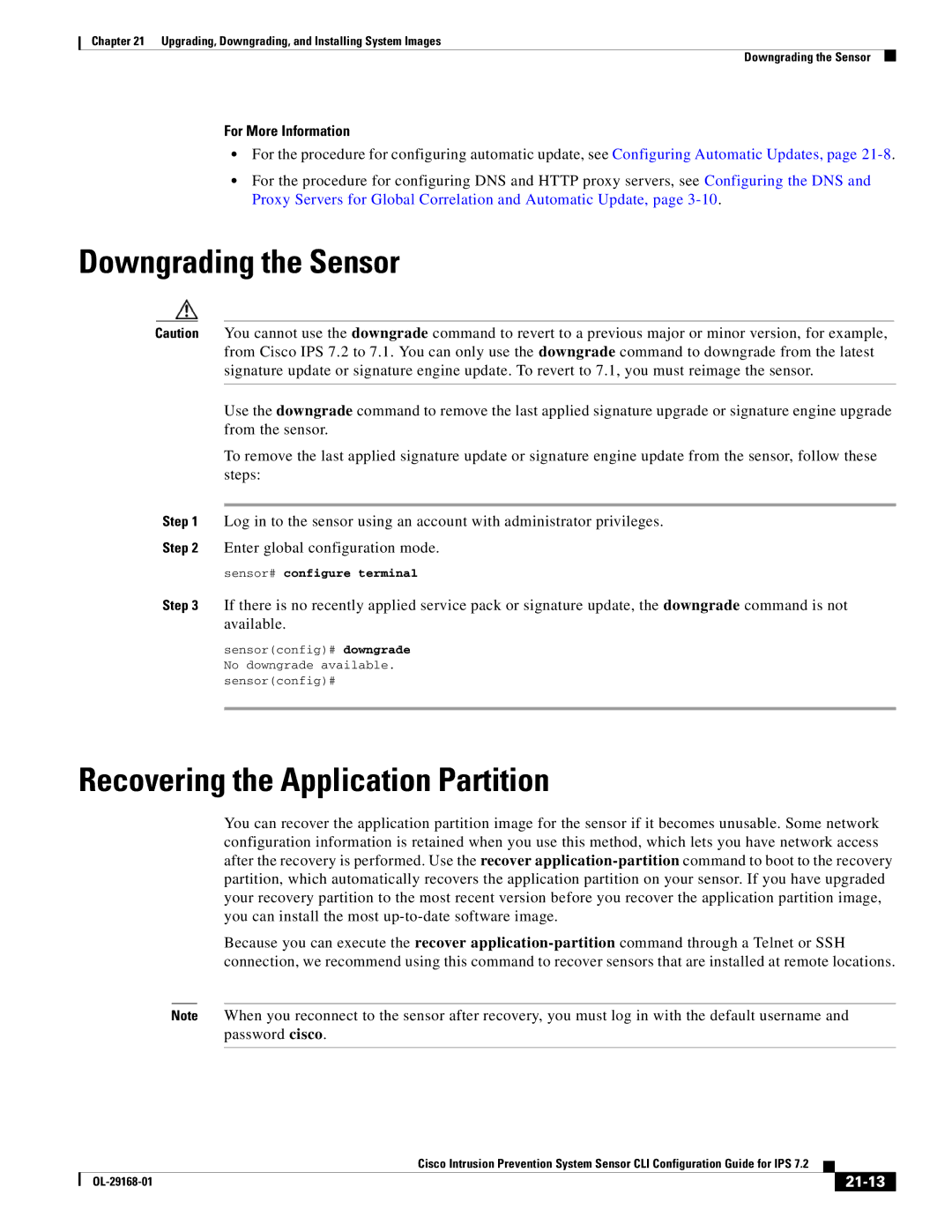 Cisco Systems IPS4510K9 manual Downgrading the Sensor, Recovering the Application Partition, 21-13 