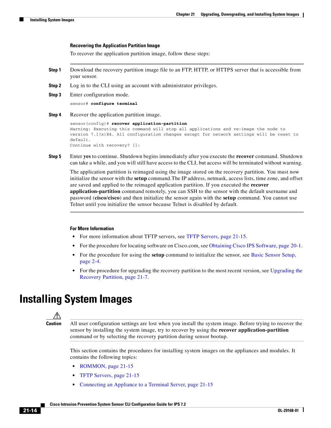 Cisco Systems IPS4510K9 manual Installing System Images, Recovering the Application Partition Image, 21-14 