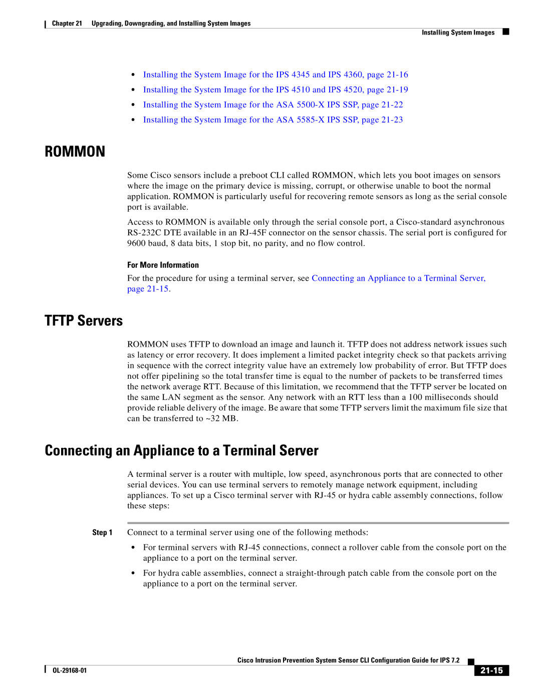 Cisco Systems IPS4510K9 manual Tftp Servers, Connecting an Appliance to a Terminal Server, 21-15 