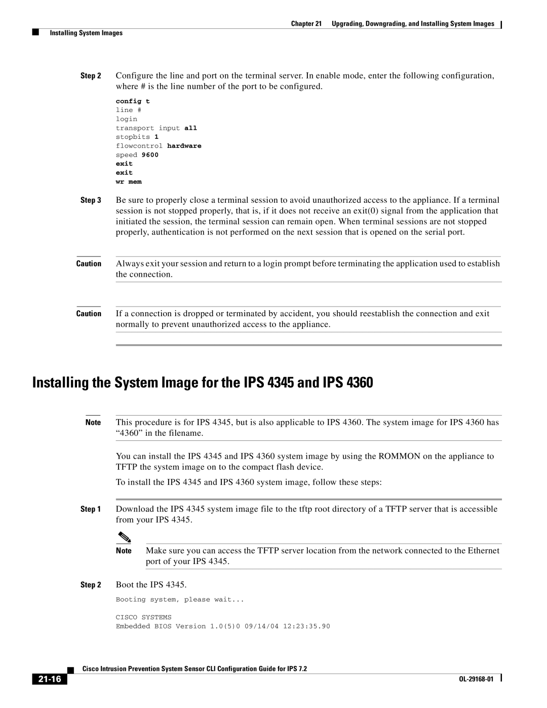 Cisco Systems IPS4510K9 manual Installing the System Image for the IPS 4345 and IPS, 21-16 