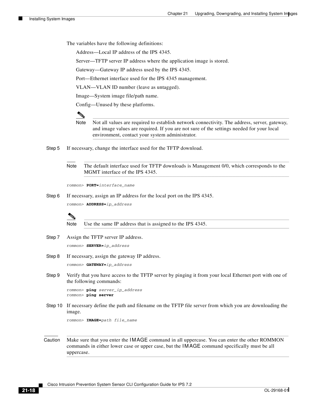 Cisco Systems IPS4510K9 manual Assign the Tftp server IP address, If necessary, assign the gateway IP address, 21-18 