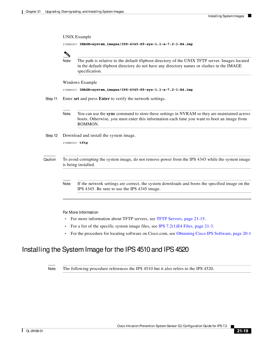 Cisco Systems IPS4510K9 manual Installing the System Image for the IPS 4510 and IPS, Rommon, 21-19 