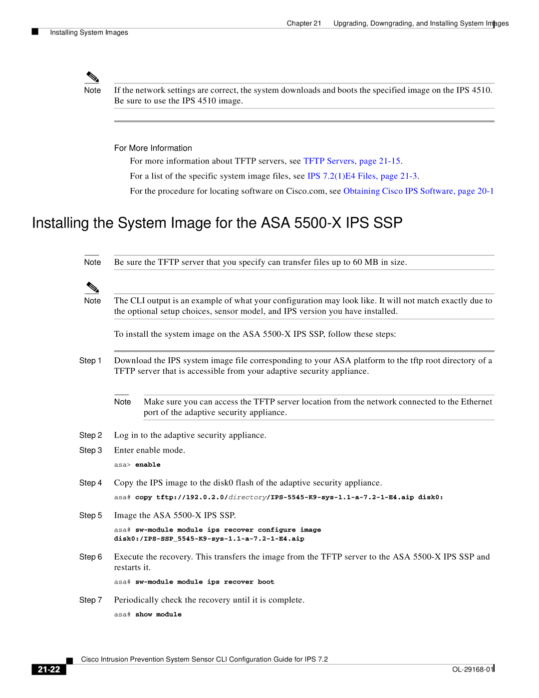 Cisco Systems IPS4510K9 manual Installing the System Image for the ASA 5500-X IPS SSP, Image the ASA 5500-X IPS SSP, 21-22 