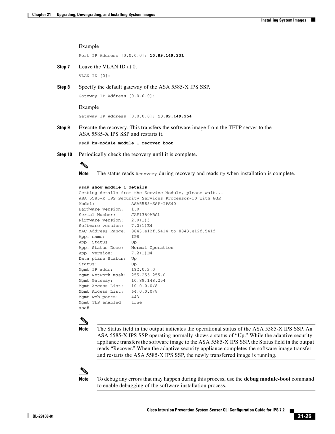 Cisco Systems IPS4510K9 manual Leave the Vlan ID at, Specify the default gateway of the ASA 5585-X IPS SSP, 21-25 