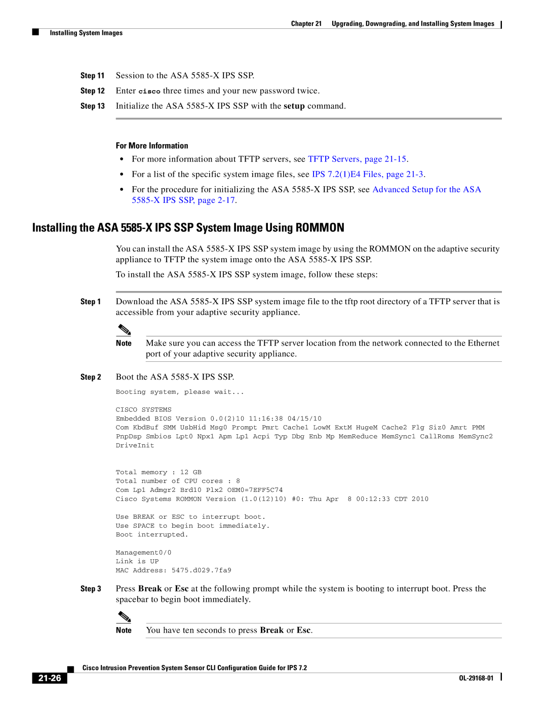 Cisco Systems IPS4510K9 manual Installing the ASA 5585-X IPS SSP System Image Using Rommon, 21-26 