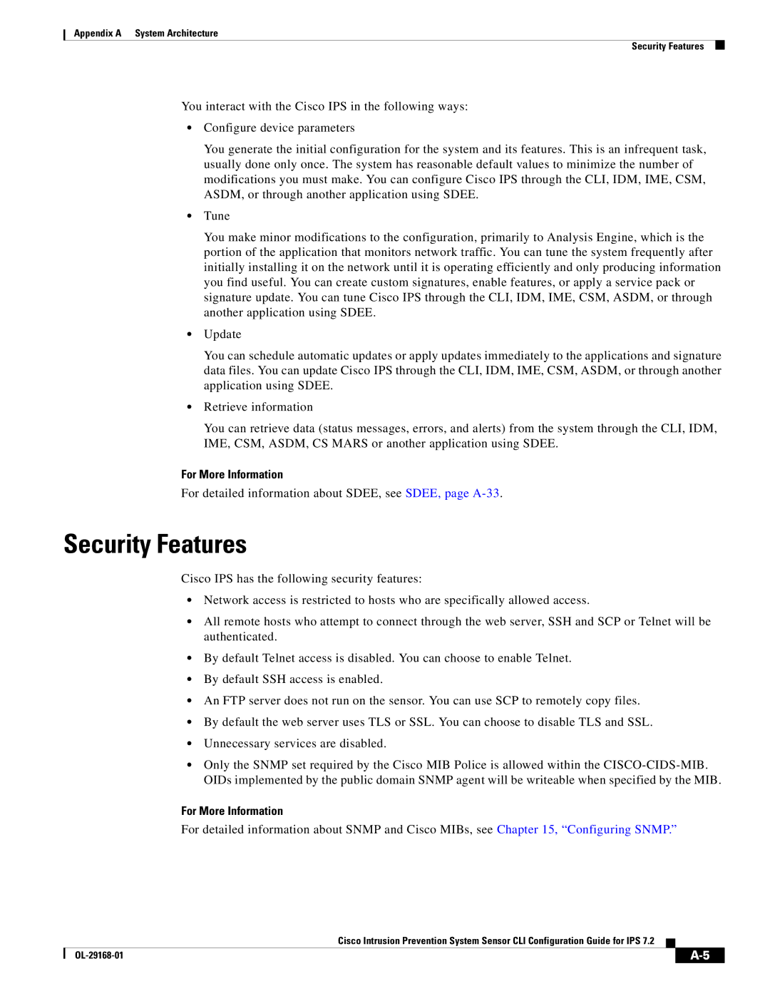 Cisco Systems IPS4510K9 manual Security Features, For detailed information about SDEE, see SDEE, page A-33 