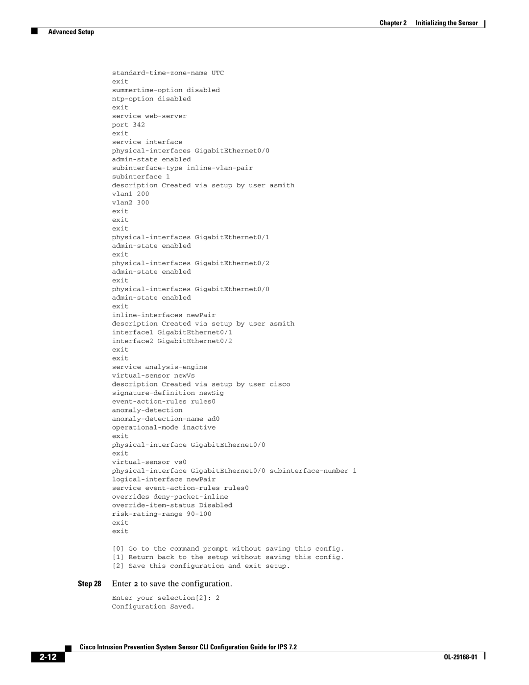 Cisco Systems IPS4510K9 manual Enter 2 to save the configuration 