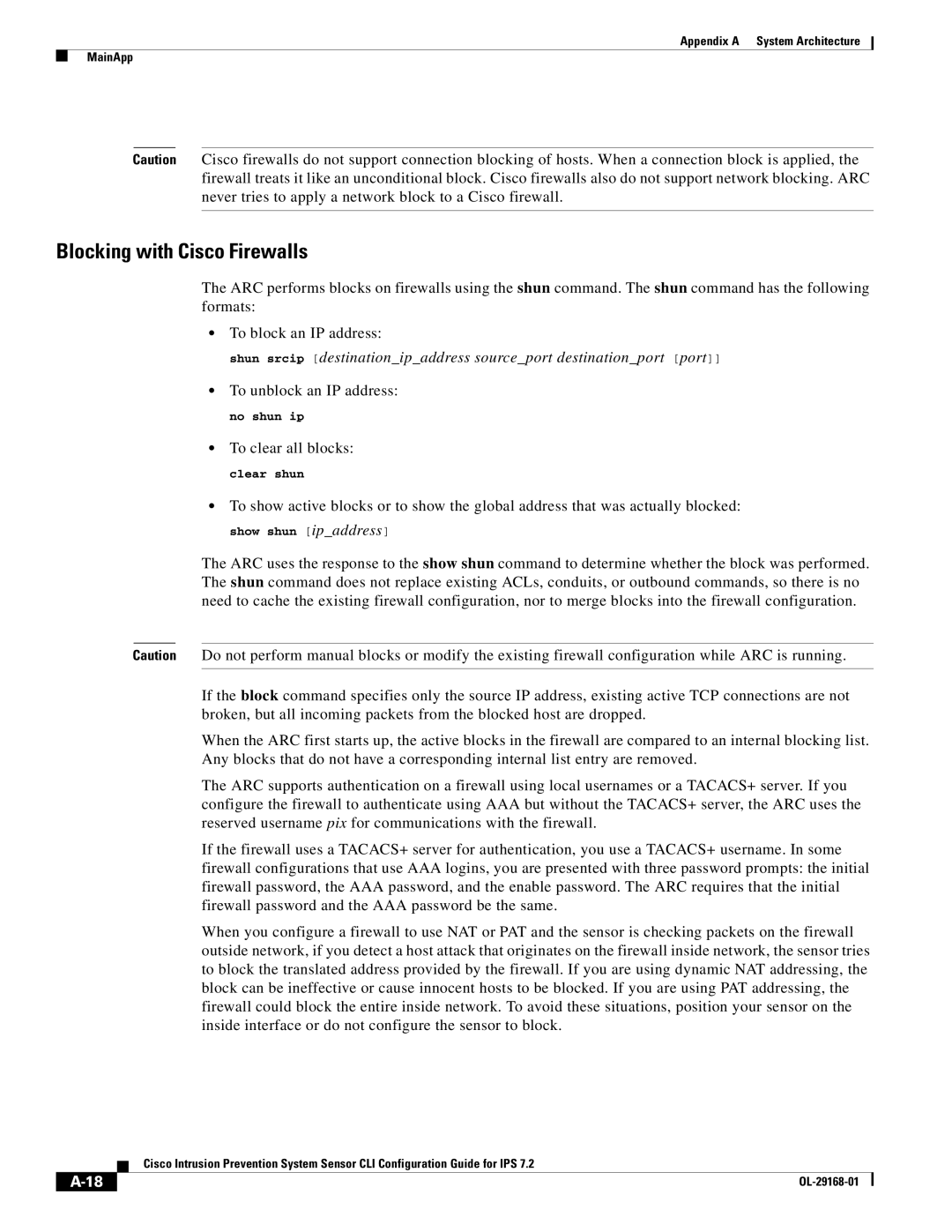 Cisco Systems IPS4510K9 manual Blocking with Cisco Firewalls, To unblock an IP address, To clear all blocks, No shun ip 