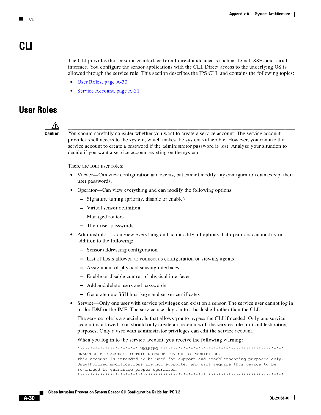 Cisco Systems IPS4510K9 manual Cli, User Roles 