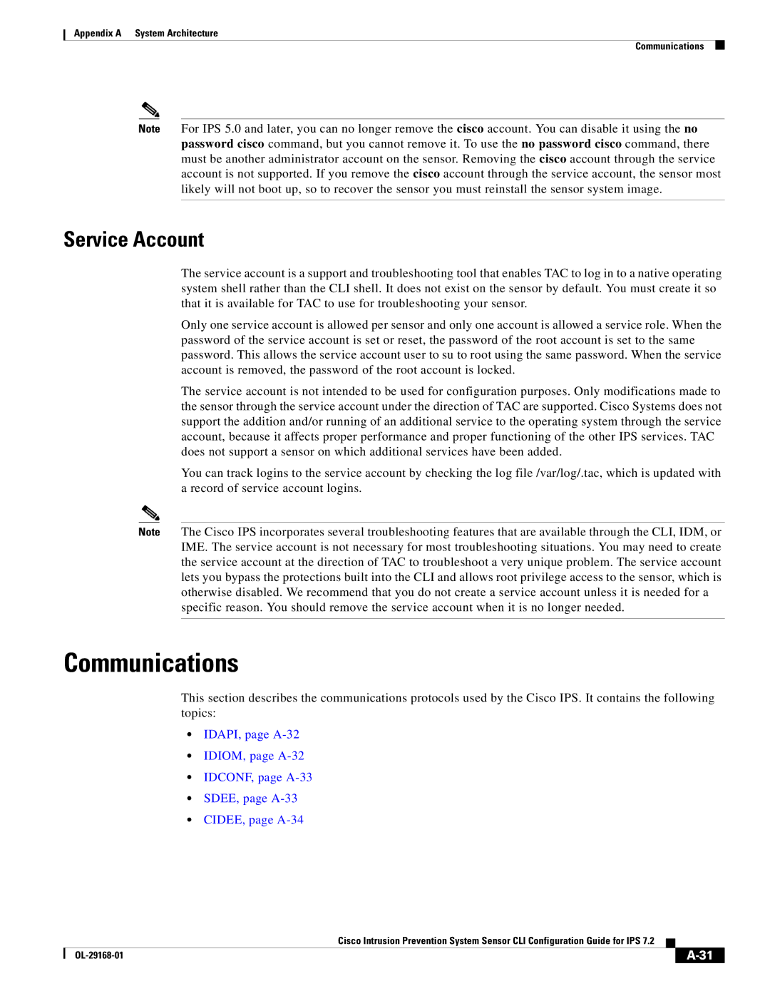 Cisco Systems IPS4510K9 manual Communications, Service Account 