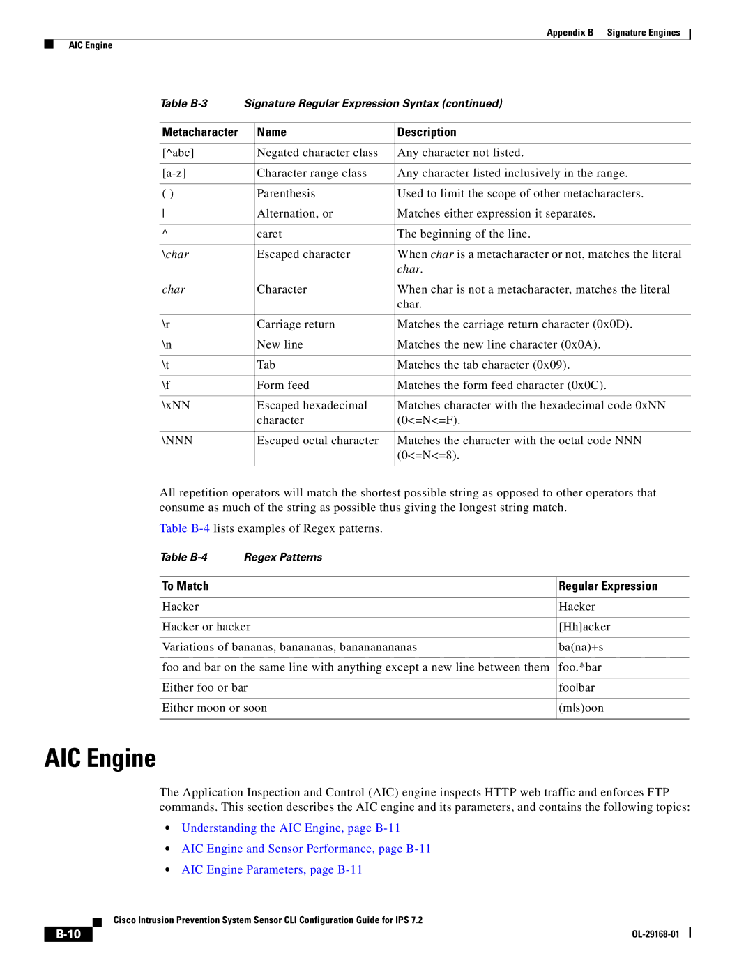 Cisco Systems IPS4510K9 manual AIC Engine, Nnn, To Match Regular Expression 