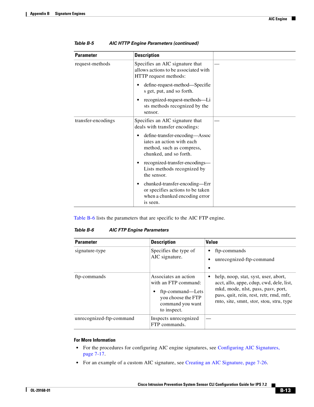 Cisco Systems IPS4510K9 manual Table B-6 AIC FTP Engine Parameters 