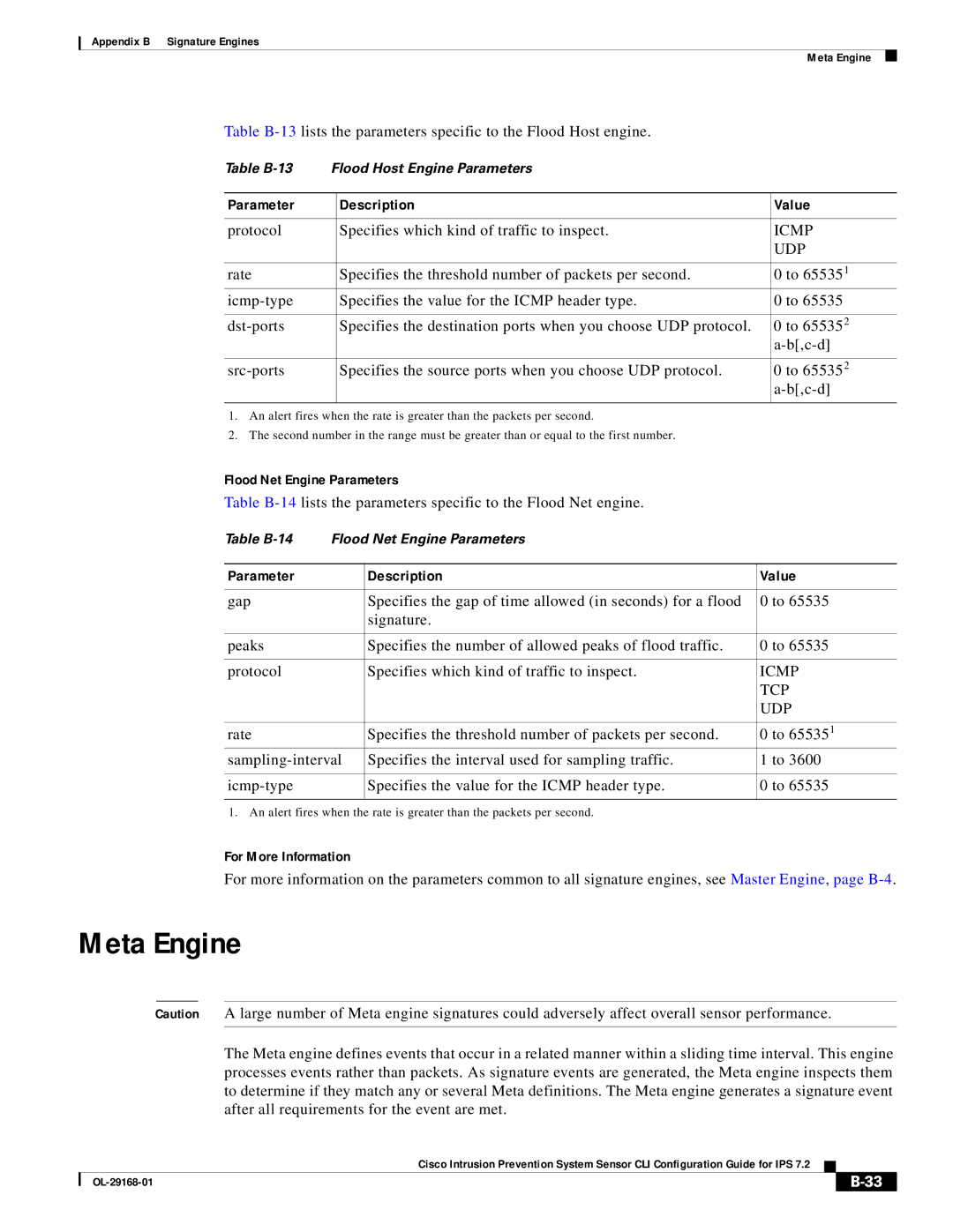 Cisco Systems IPS4510K9 Meta Engine, Protocol Specifies which kind of traffic to inspect, Flood Net Engine Parameters 