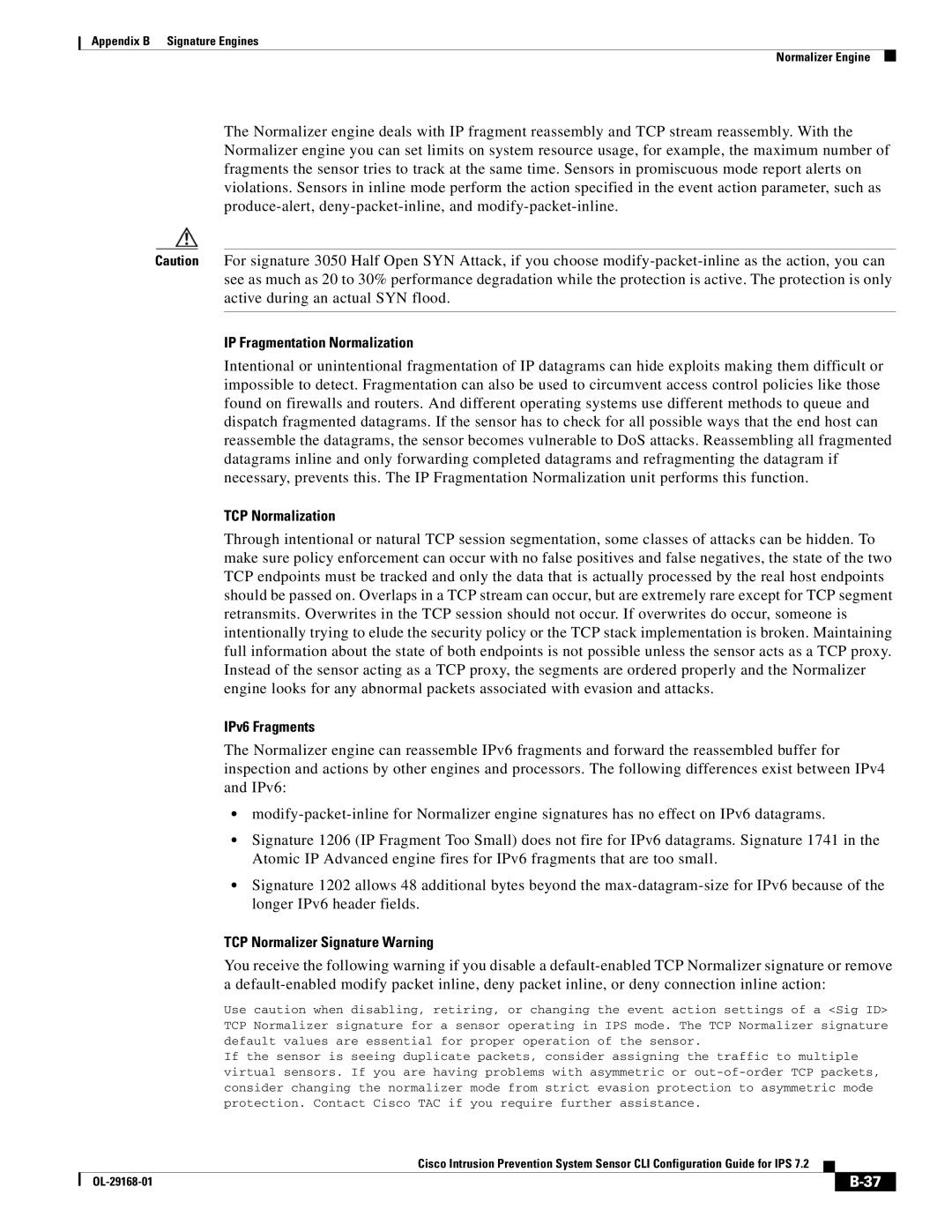 Cisco Systems IPS4510K9 manual IP Fragmentation Normalization, TCP Normalization, IPv6 Fragments 