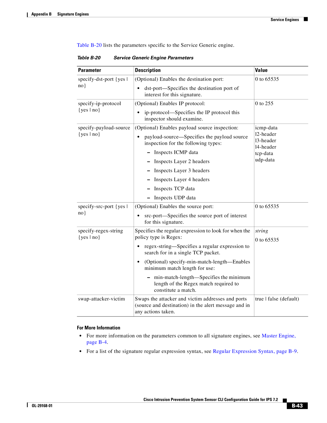 Cisco Systems IPS4510K9 manual Table B-20 Service Generic Engine Parameters 