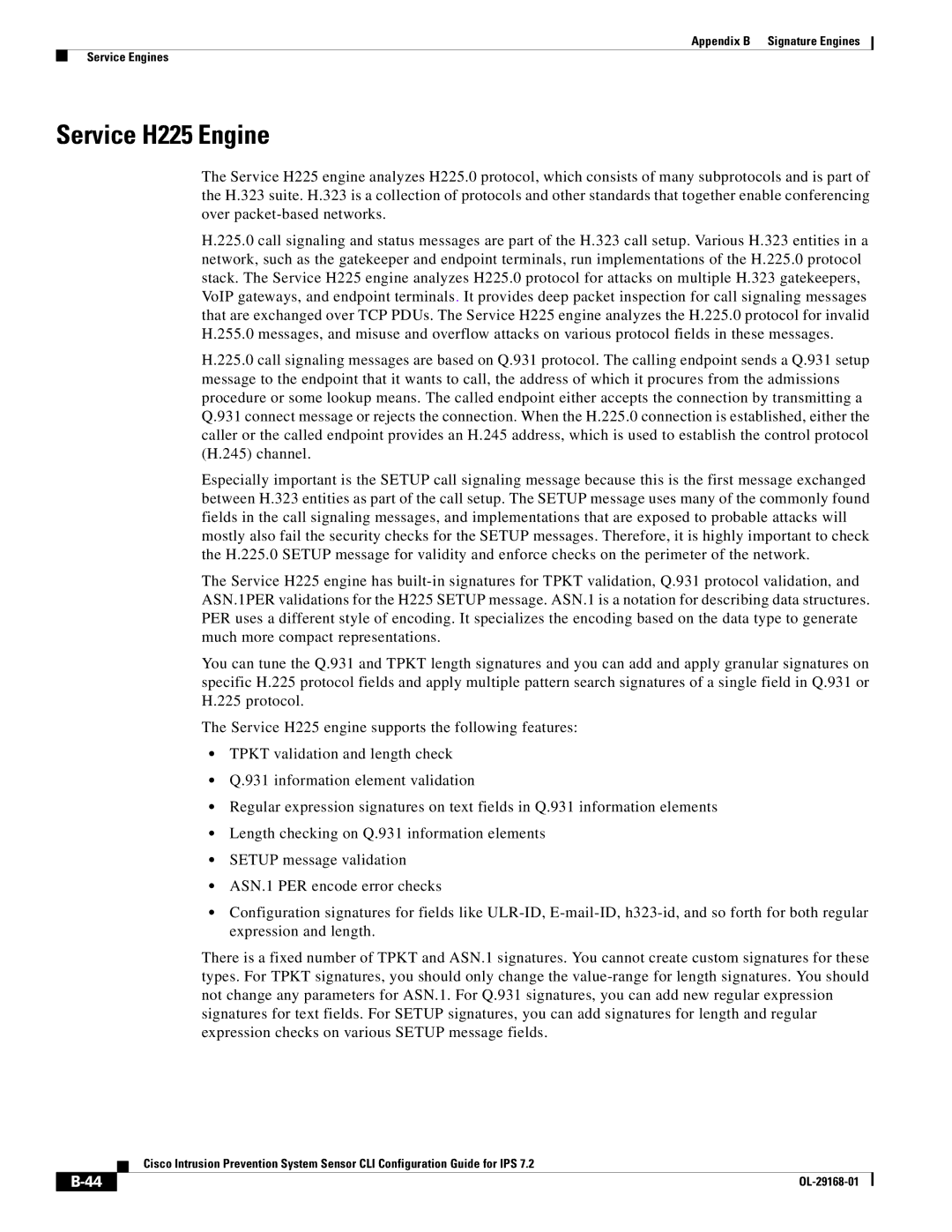 Cisco Systems IPS4510K9 manual Service H225 Engine 