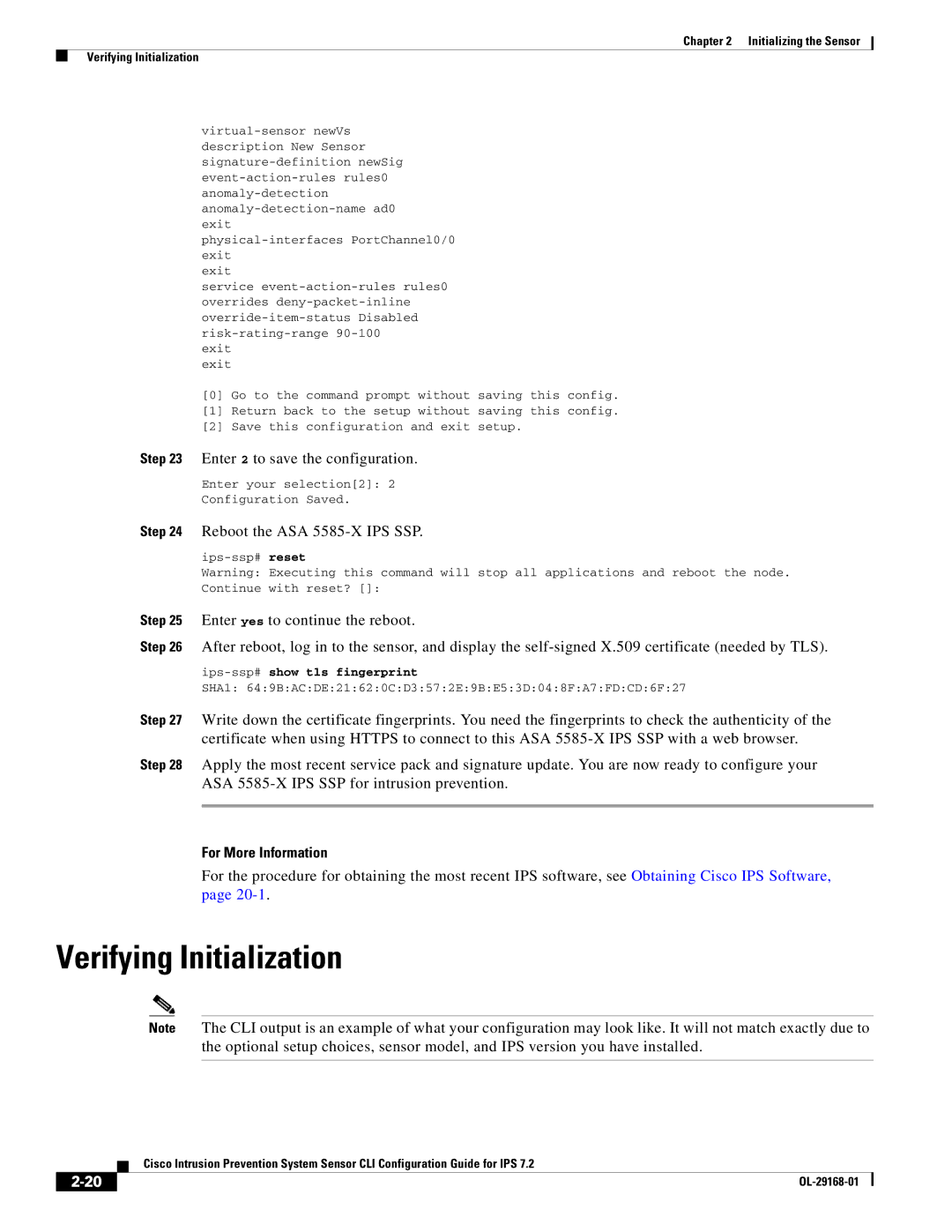 Cisco Systems IPS4510K9 manual Verifying Initialization, Reboot the ASA 5585-X IPS SSP, Ips-ssp#show tls fingerprint 