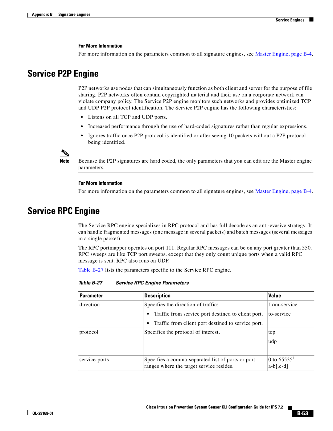 Cisco Systems IPS4510K9 manual Service P2P Engine, Service RPC Engine 