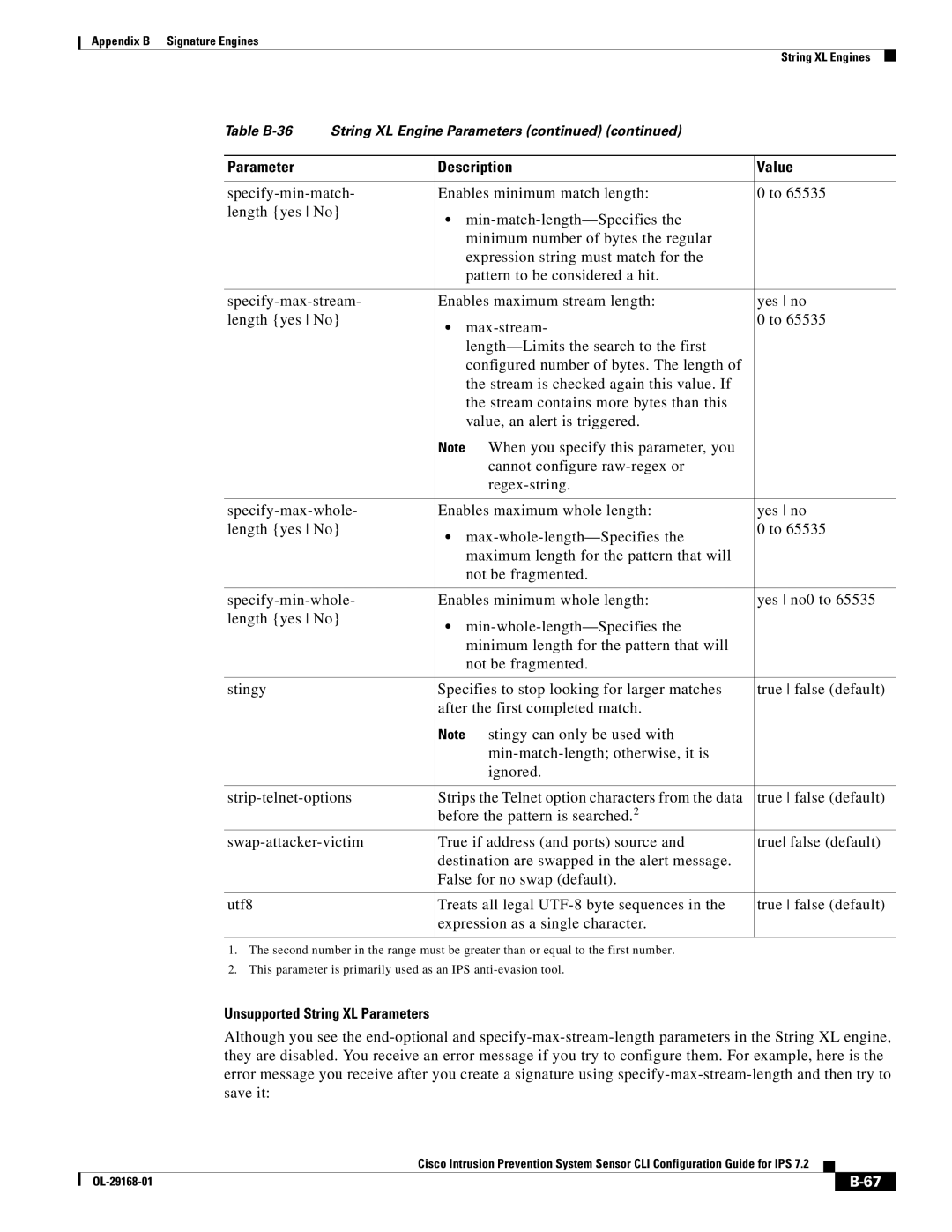 Cisco Systems IPS4510K9 manual Unsupported String XL Parameters 