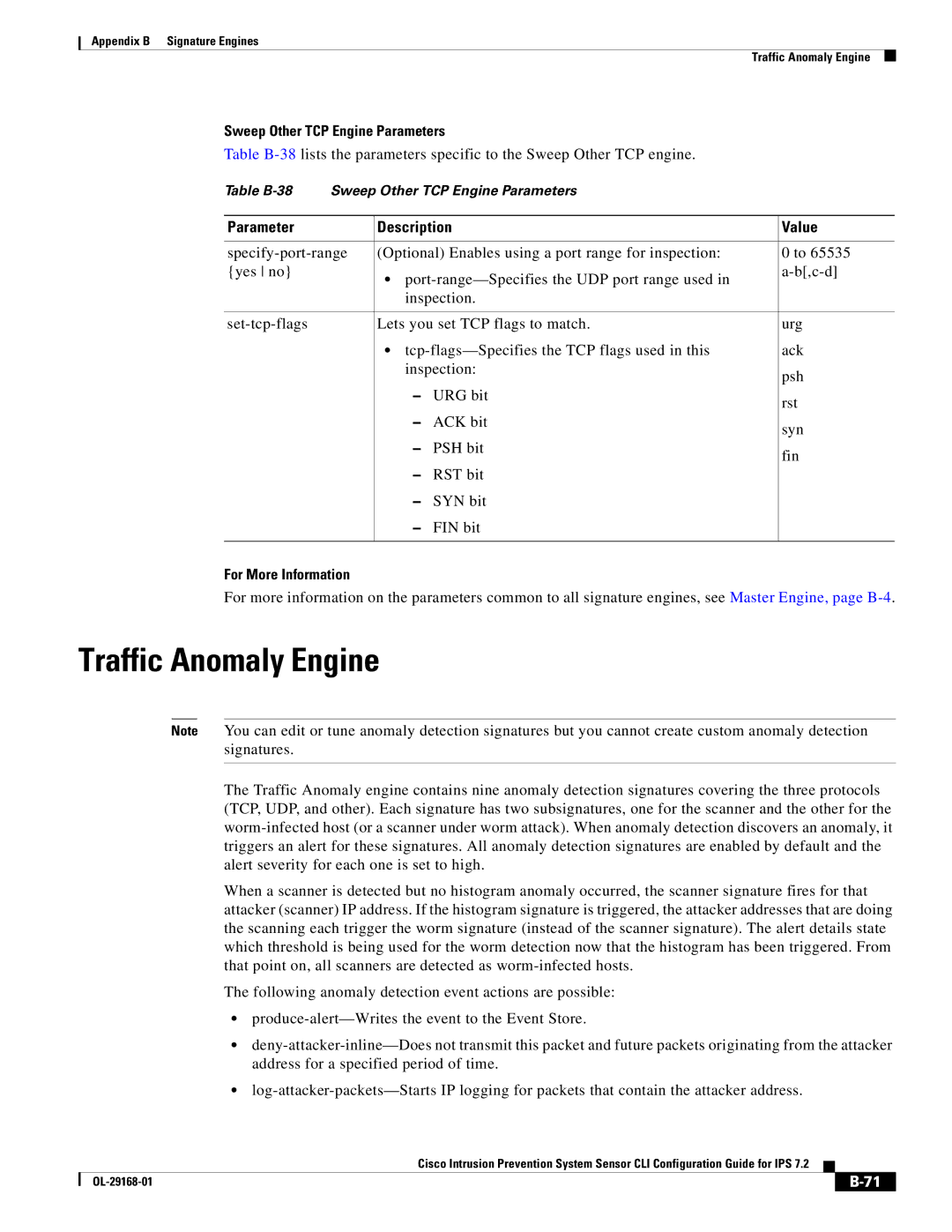 Cisco Systems IPS4510K9 manual Traffic Anomaly Engine, Sweep Other TCP Engine Parameters 