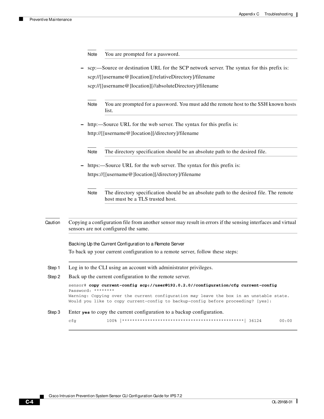 Cisco Systems IPS4510K9 manual Backing Up the Current Configuration to a Remote Server 