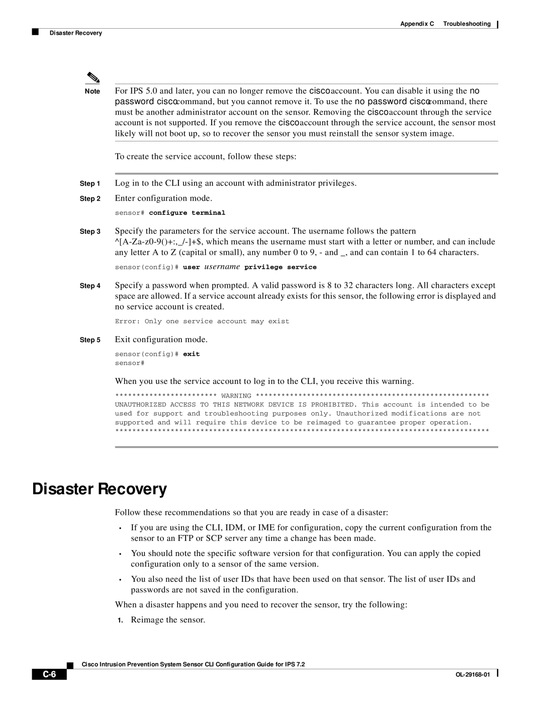 Cisco Systems IPS4510K9 manual Disaster Recovery, Sensor# configure terminal 