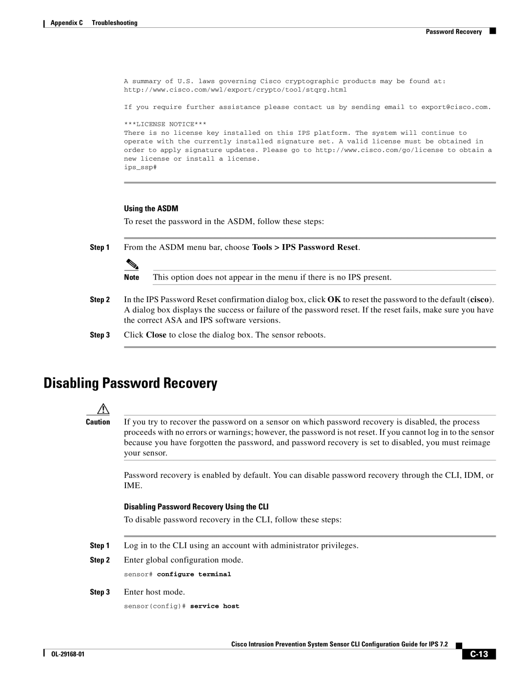 Cisco Systems IPS4510K9 manual Disabling Password Recovery 