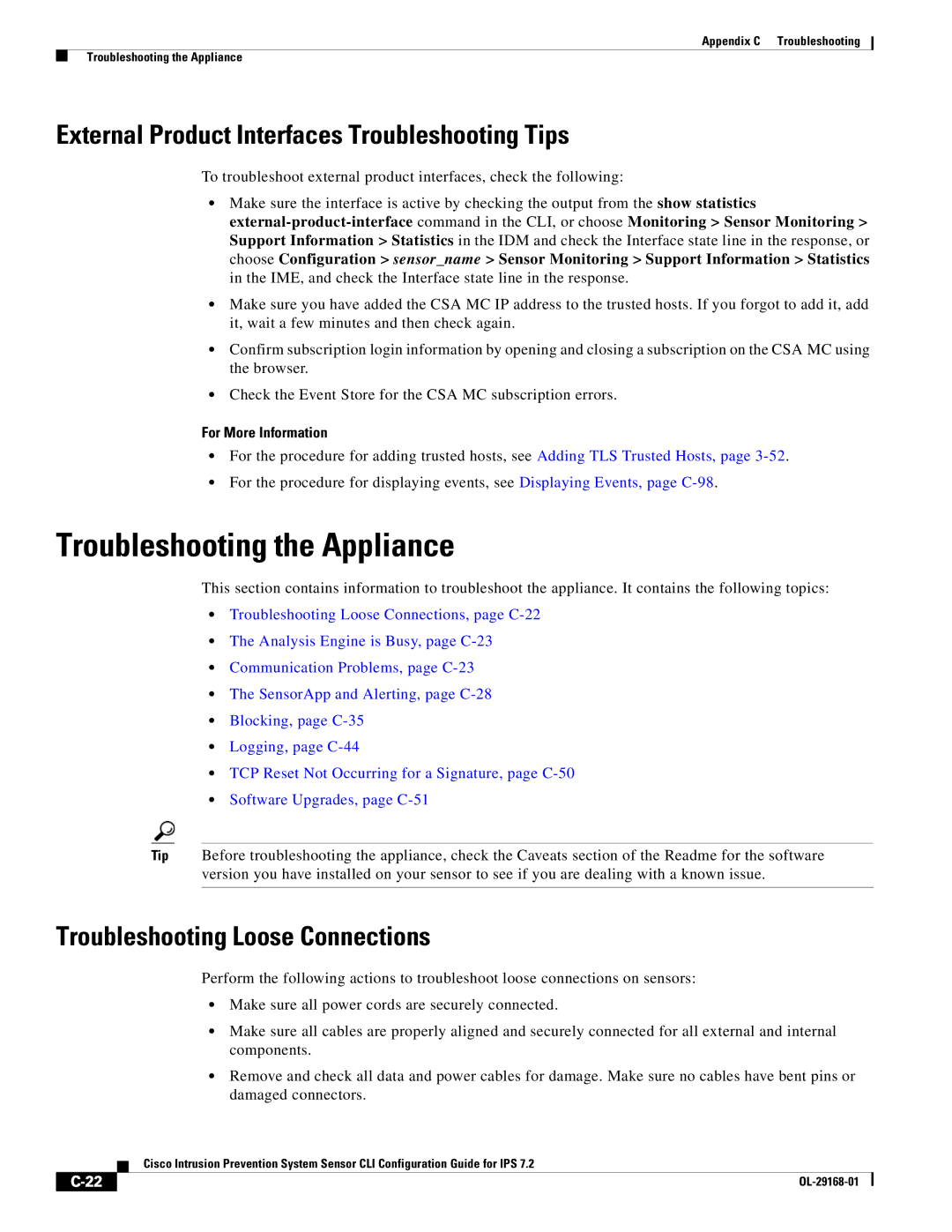 Cisco Systems IPS4510K9 manual Troubleshooting the Appliance, External Product Interfaces Troubleshooting Tips 