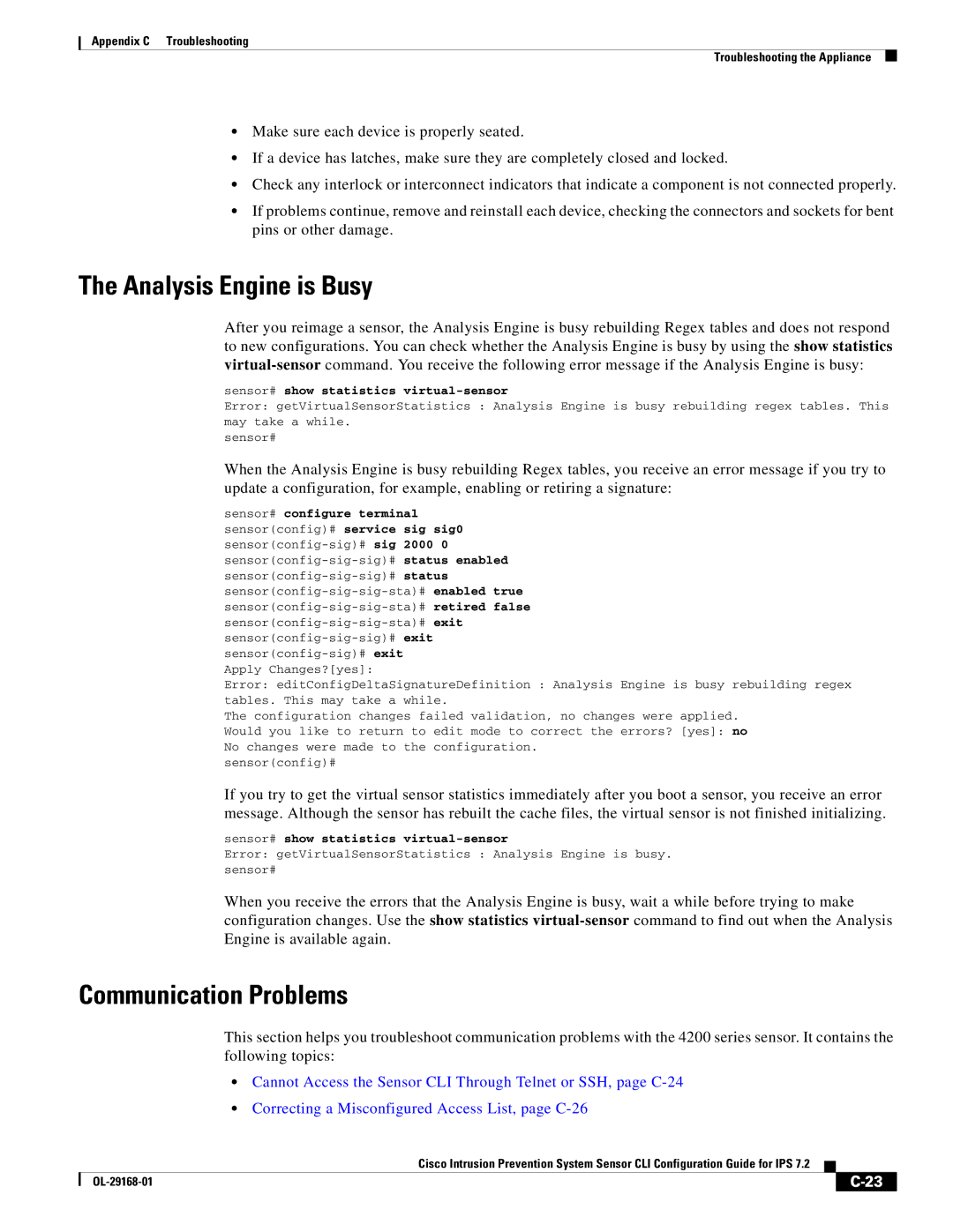 Cisco Systems IPS4510K9 manual Analysis Engine is Busy, Communication Problems 