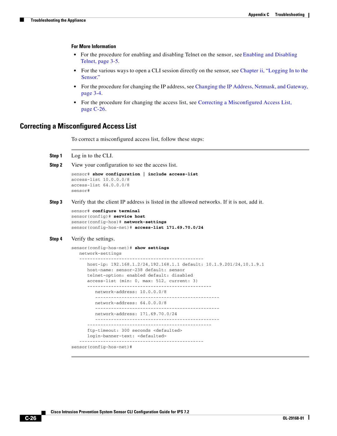 Cisco Systems IPS4510K9 manual Correcting a Misconfigured Access List, Sensor# show configuration include access-list 