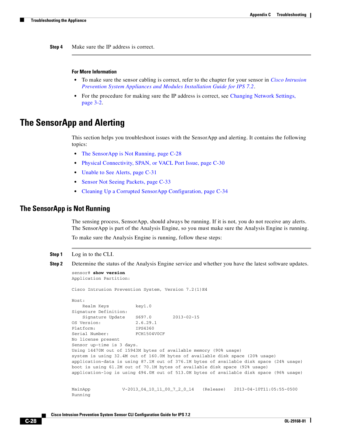 Cisco Systems IPS4510K9 manual SensorApp and Alerting, SensorApp is Not Running, Make sure the IP address is correct 