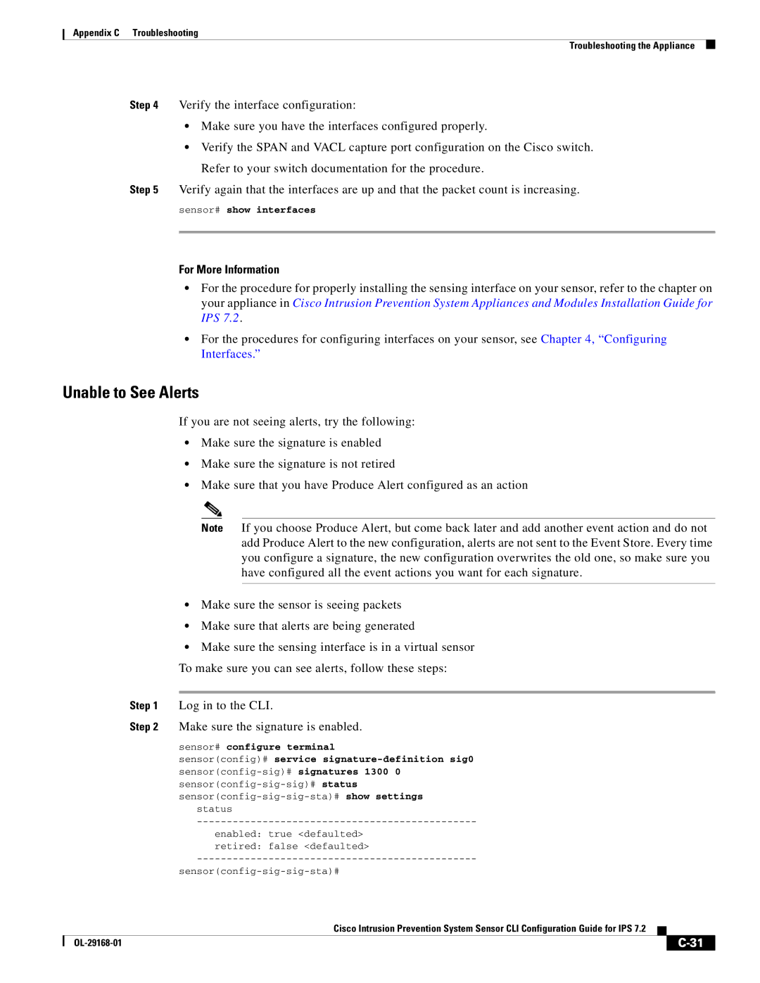 Cisco Systems IPS4510K9 manual Unable to See Alerts, Sensor# show interfaces 