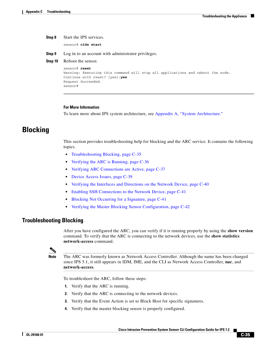 Cisco Systems IPS4510K9 manual Troubleshooting Blocking, Start the IPS services, Sensor# cids start 