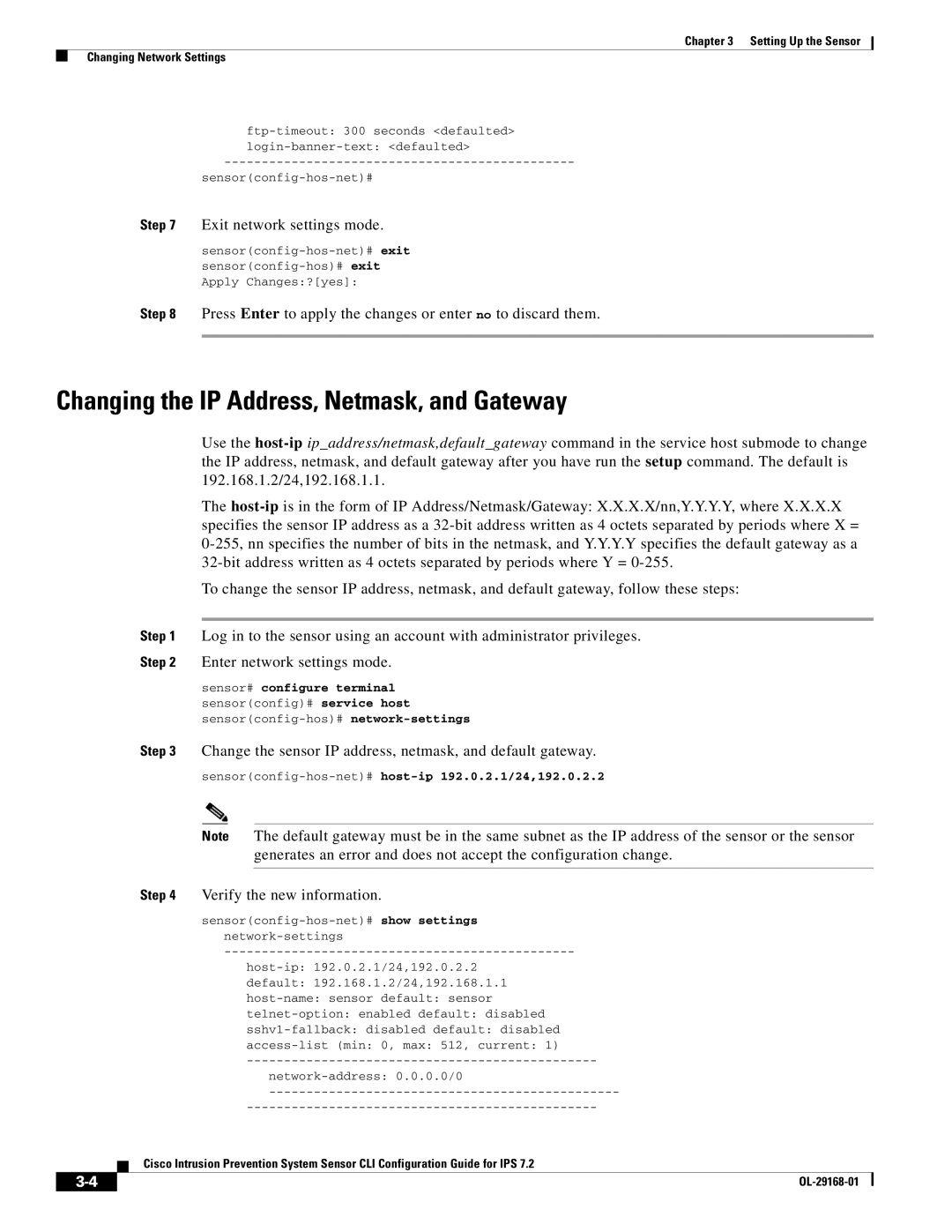 Cisco Systems IPS4510K9 manual Changing the IP Address, Netmask, and Gateway, Exit network settings mode 