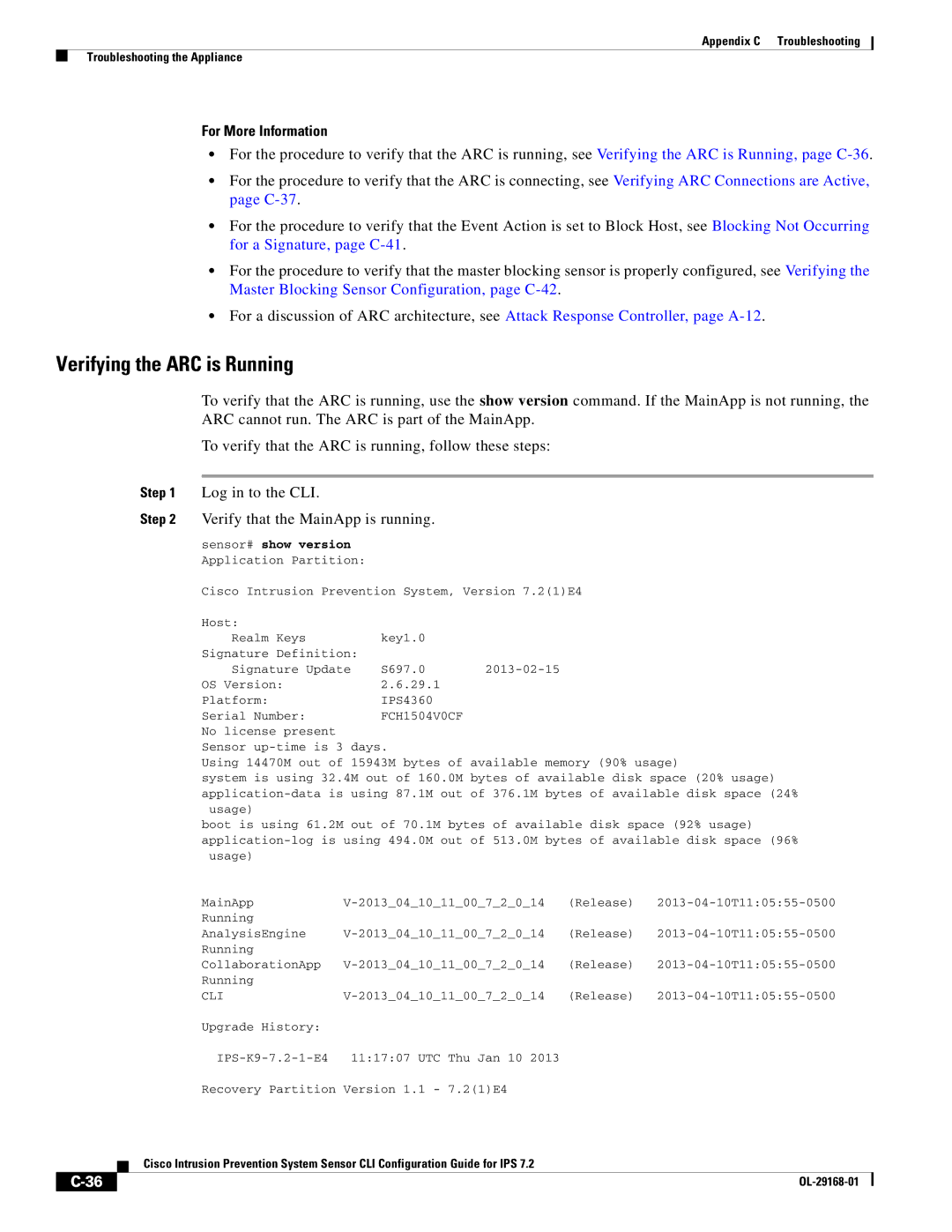 Cisco Systems IPS4510K9 manual Verifying the ARC is Running 