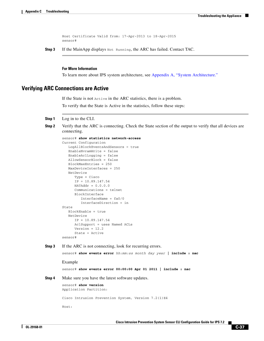 Cisco Systems IPS4510K9 Verifying ARC Connections are Active, If the ARC is not connecting, look for recurring errors 