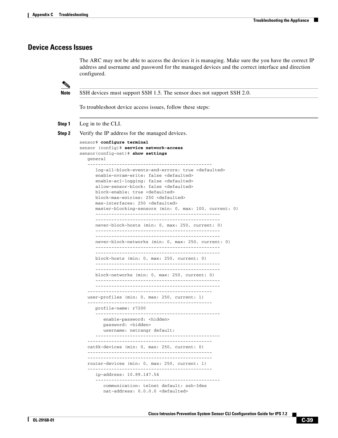 Cisco Systems IPS4510K9 manual Device Access Issues, Verify the IP address for the managed devices 