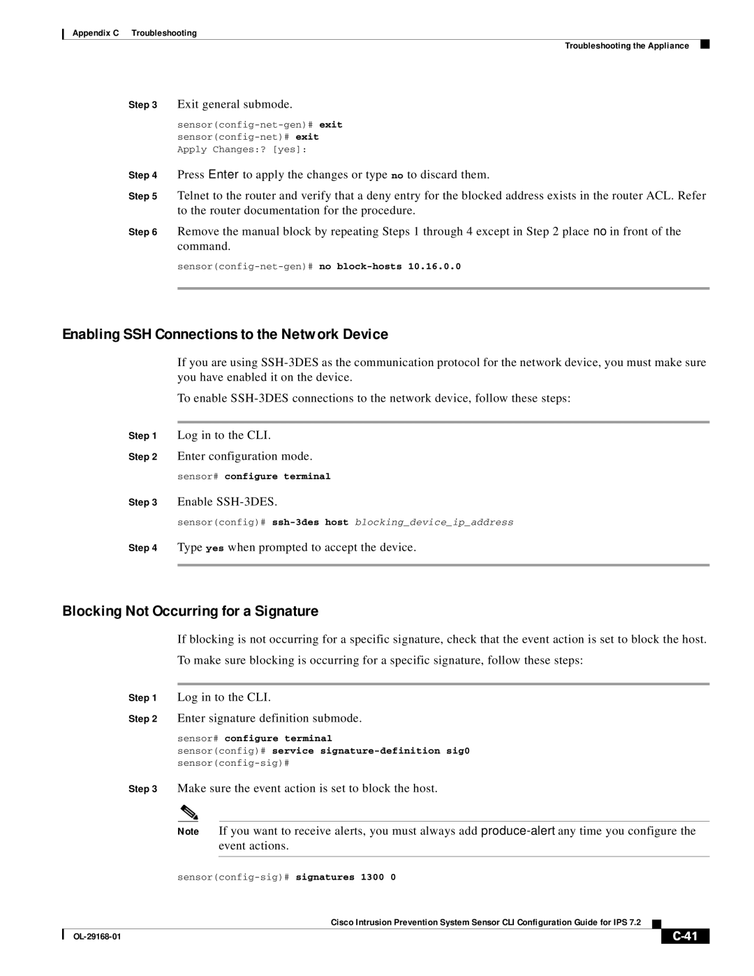 Cisco Systems IPS4510K9 manual Enabling SSH Connections to the Network Device, Blocking Not Occurring for a Signature 