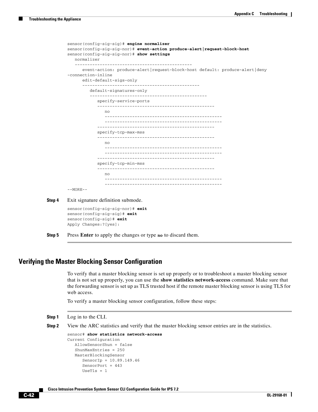 Cisco Systems IPS4510K9 manual Verifying the Master Blocking Sensor Configuration, Exit signature definition submode 