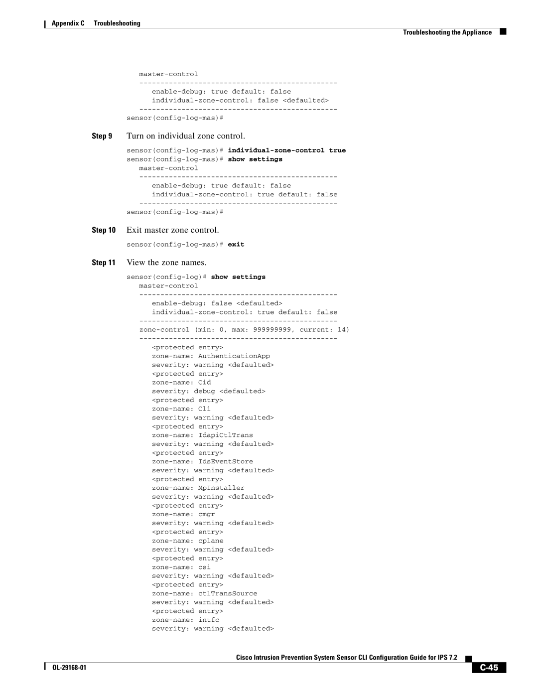 Cisco Systems IPS4510K9 manual Turn on individual zone control, Exit master zone control, View the zone names 