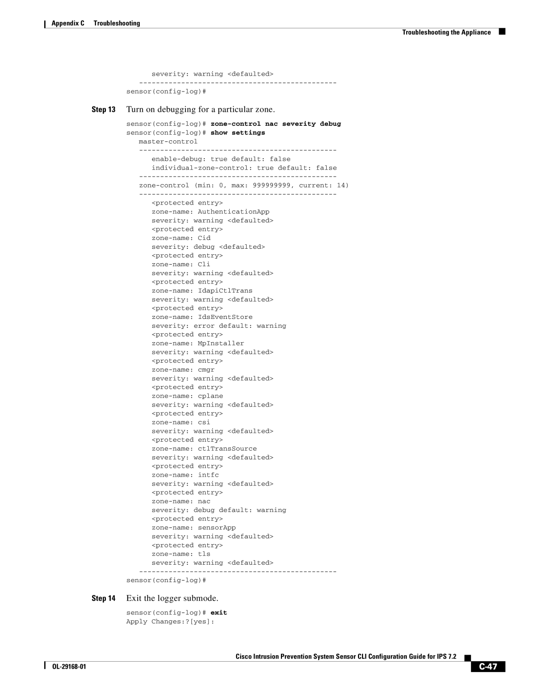 Cisco Systems IPS4510K9 manual Turn on debugging for a particular zone, Exit the logger submode 