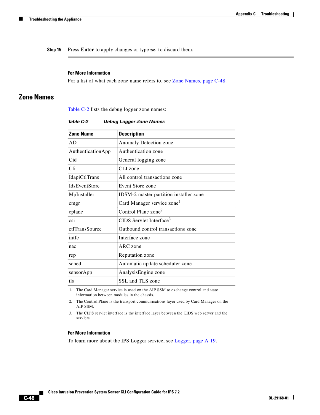 Cisco Systems IPS4510K9 manual Zone Names, Press Enter to apply changes or type no to discard them, Zone Name Description 