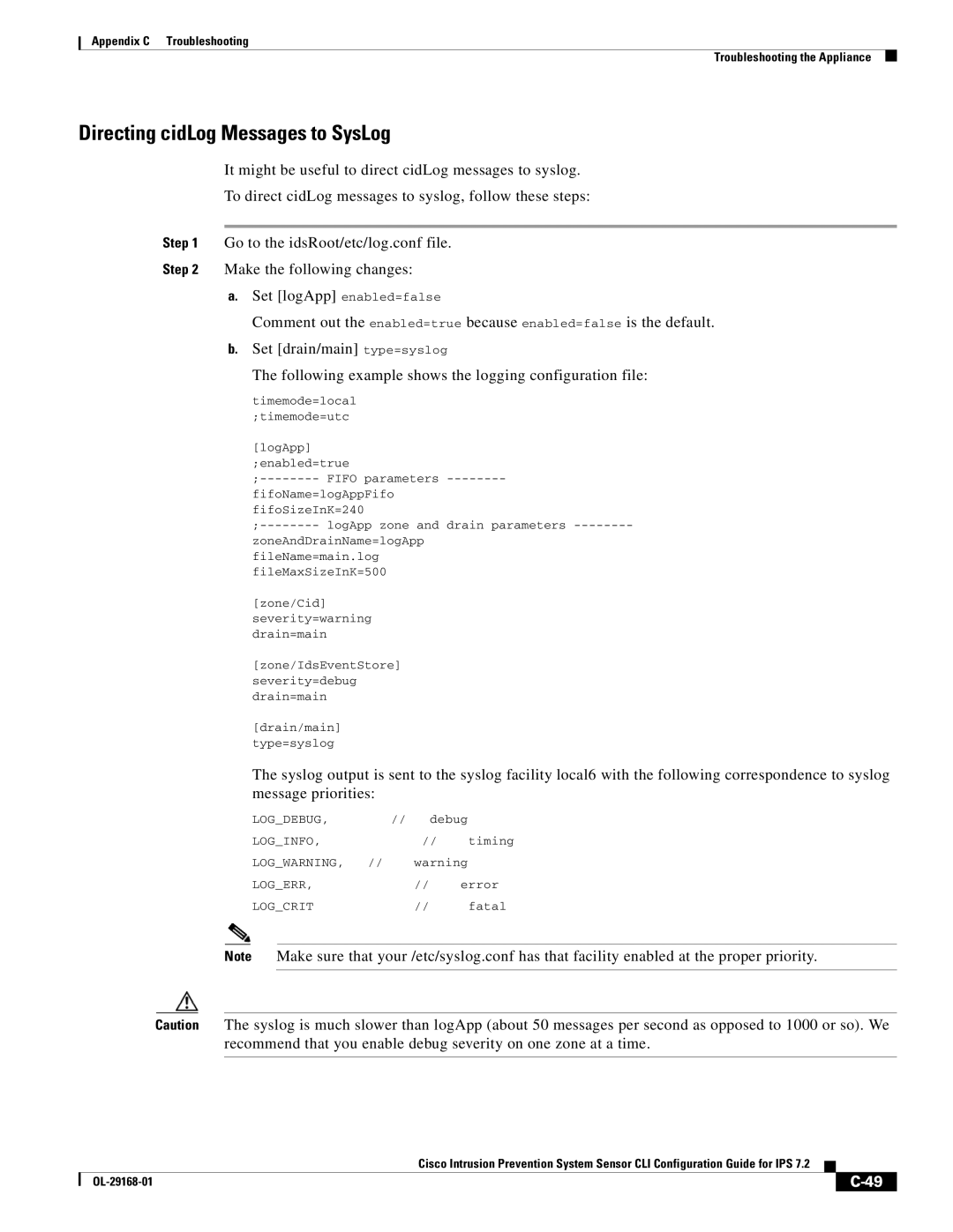 Cisco Systems IPS4510K9 manual Directing cidLog Messages to SysLog 