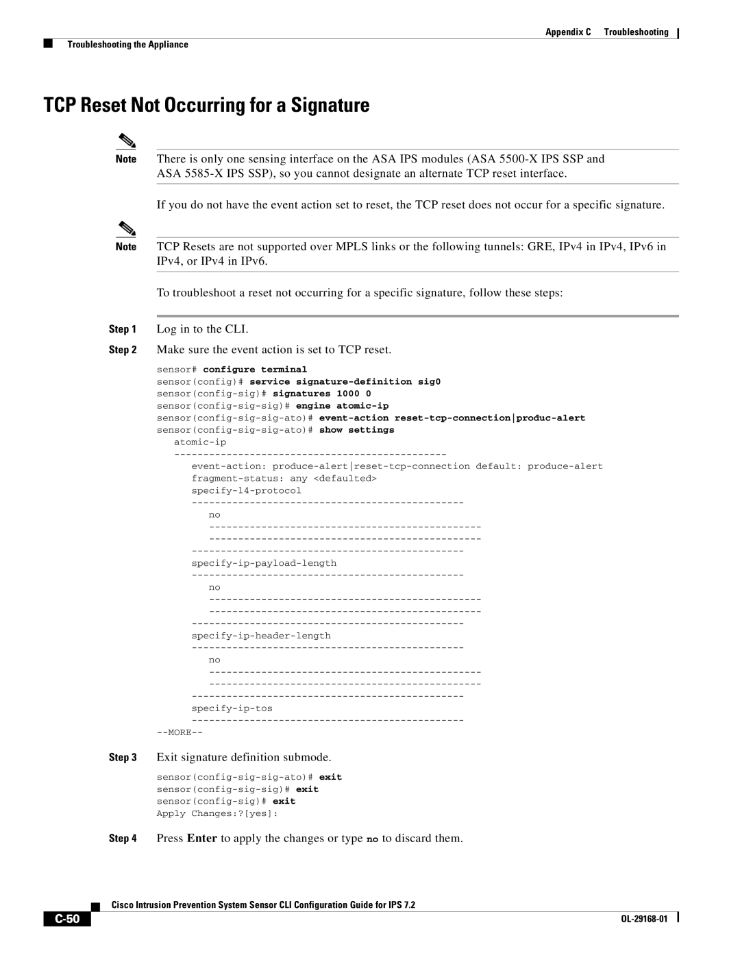 Cisco Systems IPS4510K9 manual TCP Reset Not Occurring for a Signature, Exit signature definition submode 