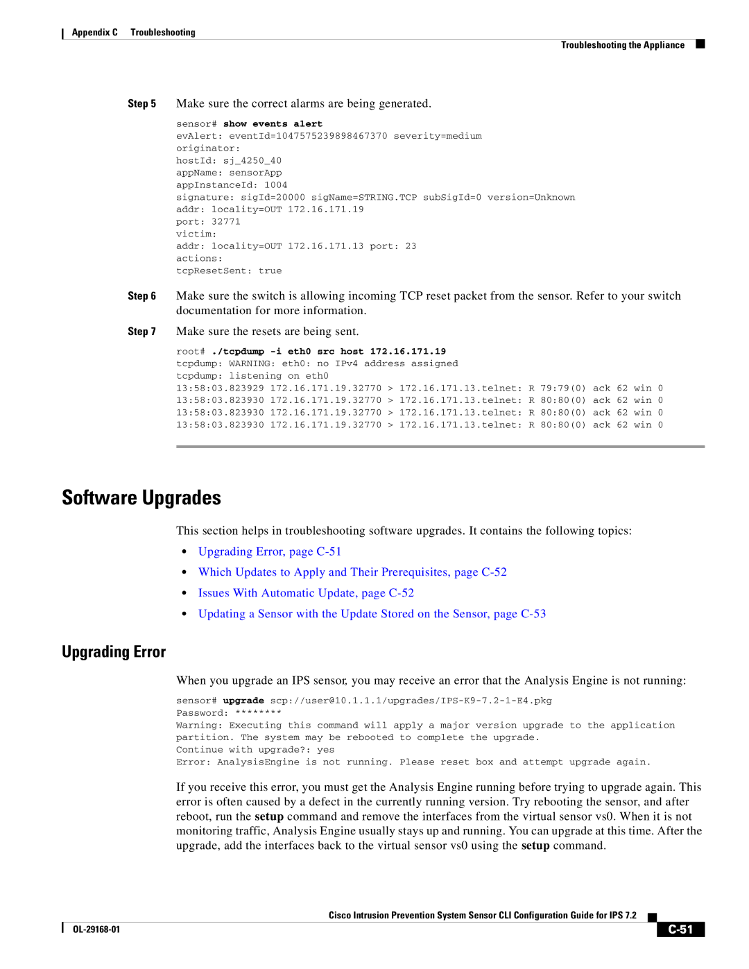 Cisco Systems IPS4510K9 manual Software Upgrades, Upgrading Error, Make sure the correct alarms are being generated 